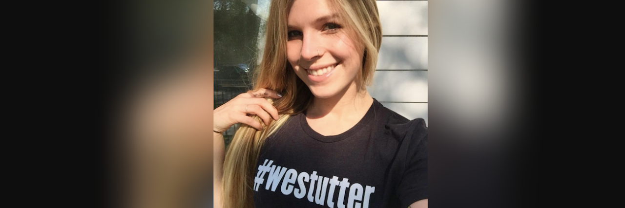 Balancing Being a Role Model and a Covert Stutterer Woman wearing a #westutter t-shirt