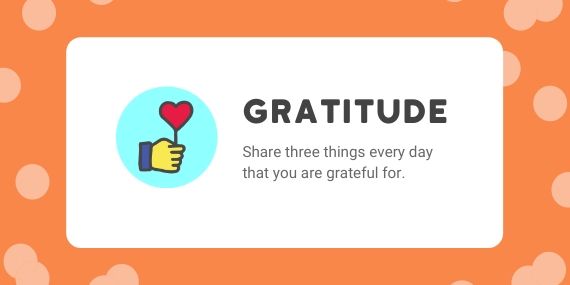 Gratitude - Share three things every day that you are grateful for - cartoon of hand holding a heart shaped balloon