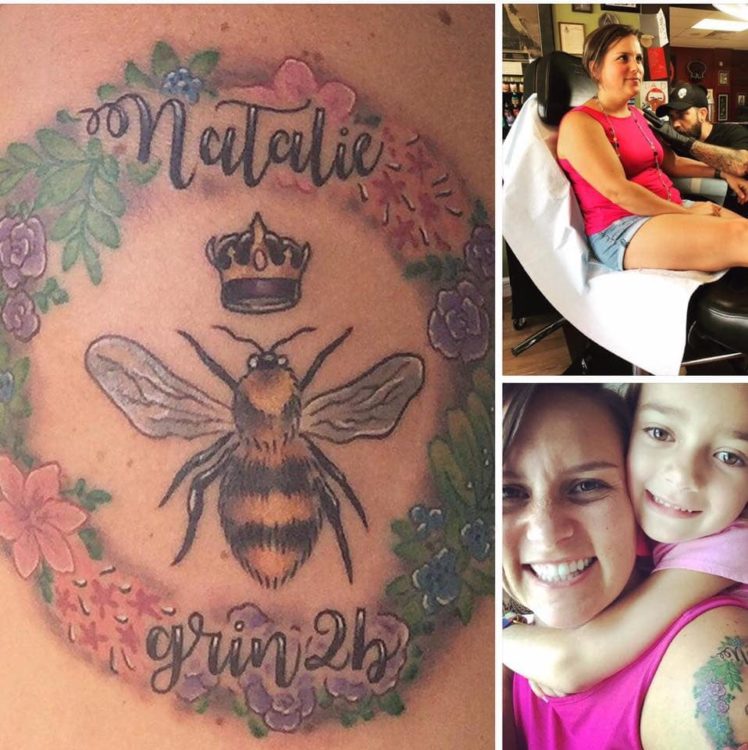 tattoo and photos of author with daughter. tattoo says "natalie, grin2b" and image of a bee
