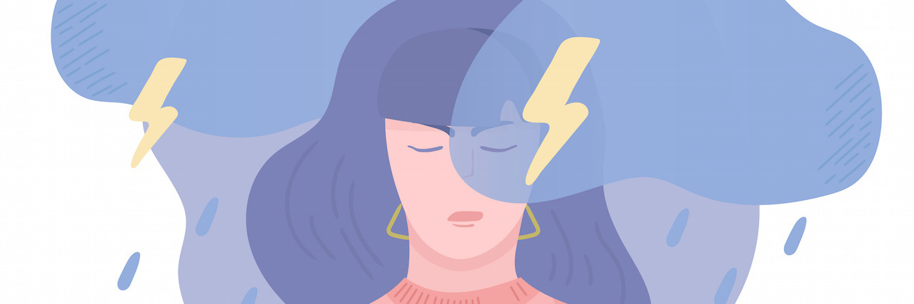 Reclaiming My Anger Helps Me Heal From Trauma Illustration of a woman surrounded by clouds, rain and lightning