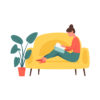 Illustration of a young woman sitting on a couch and holding a book or magazine