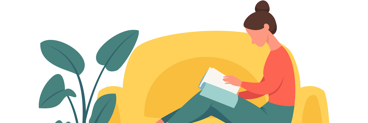 A Letter to Myself: You Are Not Your Chronic Illness or a Burden Illustration of a young woman sitting on a couch and holding a book or magazine