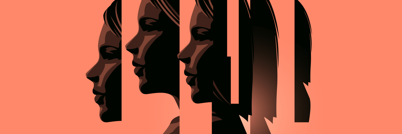 The History and Treatment of Dissociative Identity Disorder concept illustration showing woman in profile with different sections of her face split from the others