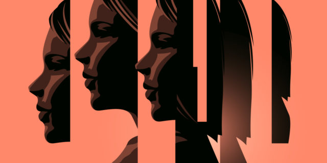 concept illustration showing woman in profile with different sections of her face split from the others