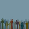 Earth tone color diverse raised hands vector graphic template design.