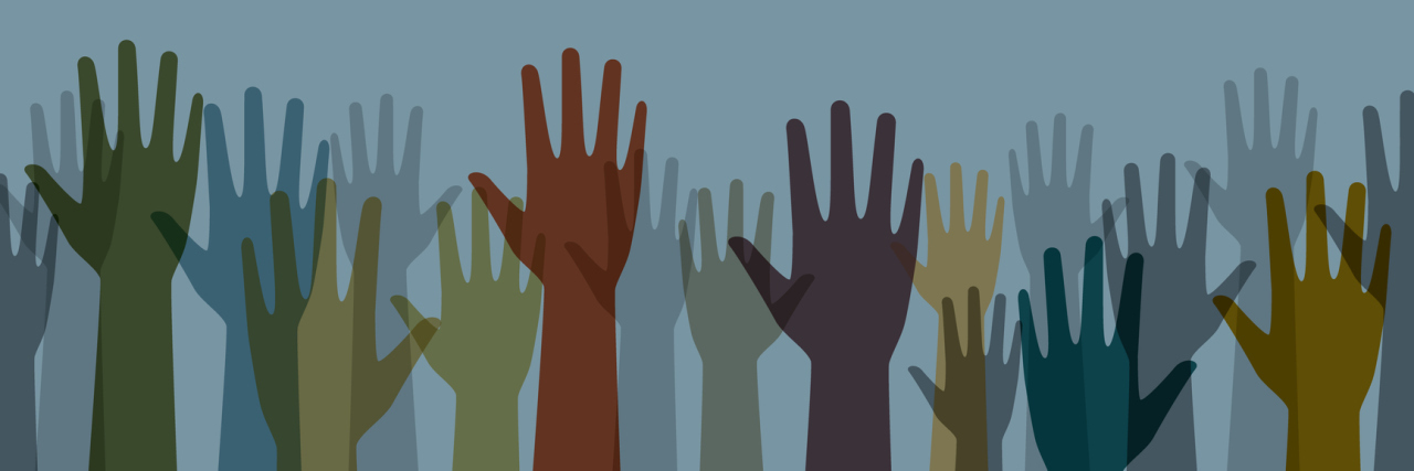 Earth tone color diverse raised hands vector graphic template design.
