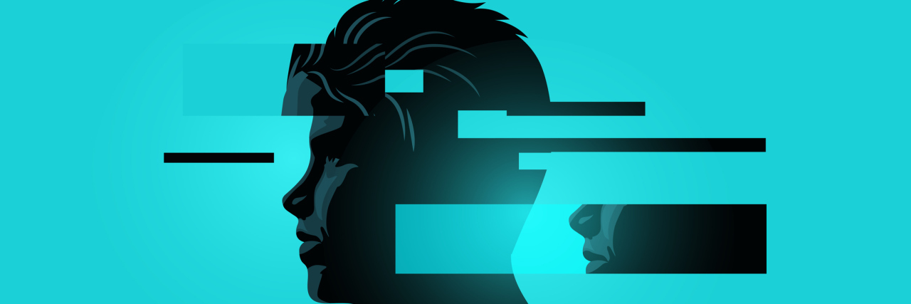 What’s Therapy Got to Do With Physics? Illustration of a man with glitch fragments against blue background.