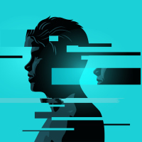Illustration of a man with glitch fragments against blue background.