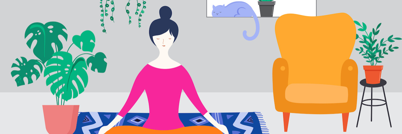 How Practicing Mindfulness Benefits Your Mental Health Woman sitting at home meditating, surrounded by plants