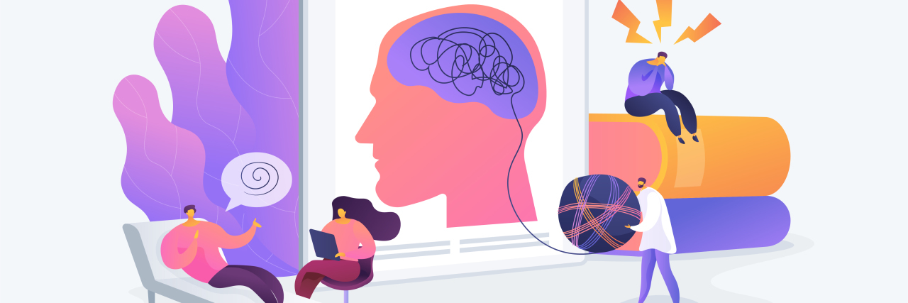 Why We Should Change How We Present Counseling to a Form of Play illustration of a counseling session on the left, a clipboard of the human brain in the middle and a person sitting on top of a stack of books on the right