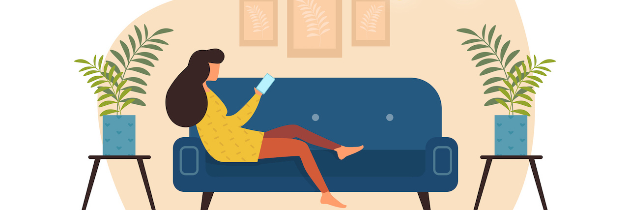 Illustration of a woman sitting on a couch with a phone in her hand