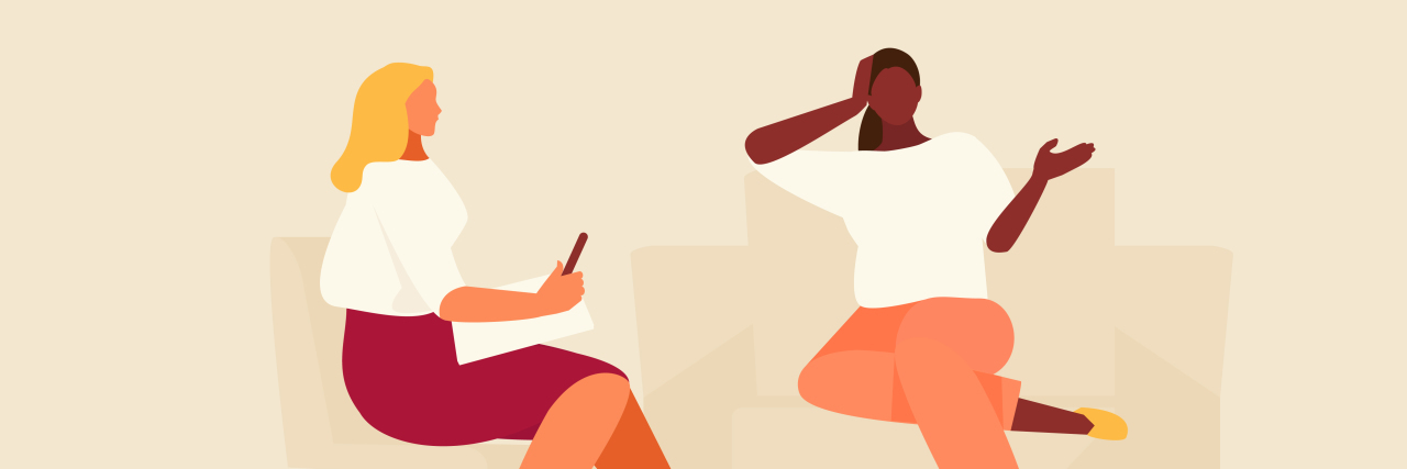 4 Things to Expect During Your First Therapy Session illustration of two women sitting in chairs talking to each other, one with a clipboard and pen