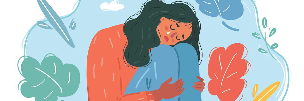 Illustration of woman hugging herself with tears in her eyes