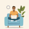 Illustration of Black man sitting on comfy chair with a laptop