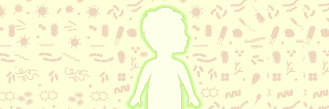 Illustration of a boy standing among illustrations of cells