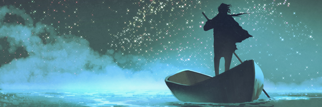 When Being Brave With Mental Illness Means Asking for Help watercolor of a person standing in a canoe paddling into the waves with stars lining the sky