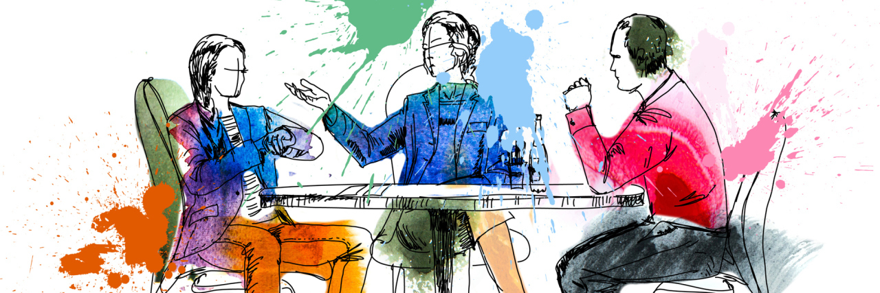 What to Consider Before Telling Employer About Invisible Disability Silhouettes of successful business people working on meeting. Sketch with colourful water colour effects