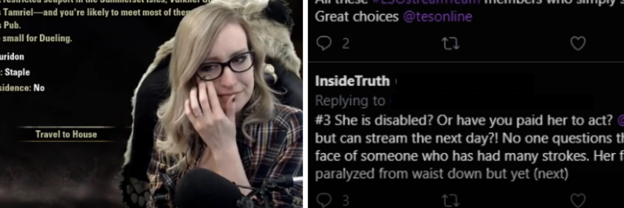 Video Shows Streamer Being Accused of 'Faking' Disability on Twitch Split screen of the author and the tweet