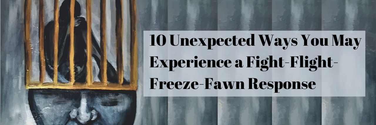 Unexpected Ways You May Have a Flight-Flight Stress Response Illustration of a human face with a figure trapped in a birdcage making up the head from the eyes up against a gray background