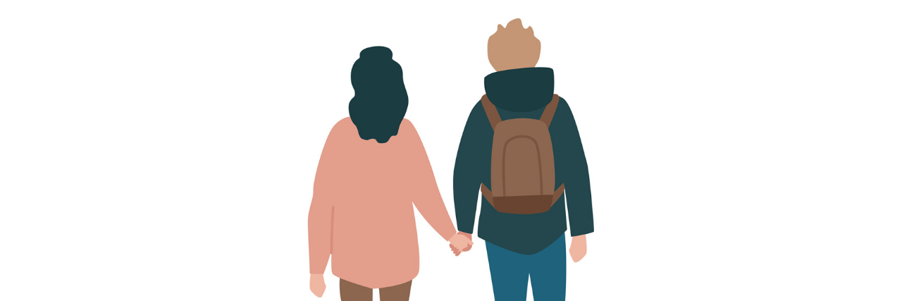You Don't Need to Feel Ashamed for Calling the Suicide Hotline illustration of the back of a guy and girl walking holding hands