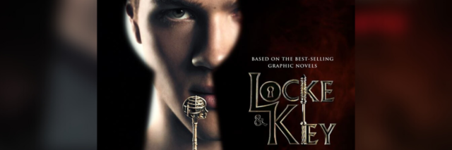 Locke & Key poster, a man holding a key peeps through a key hole