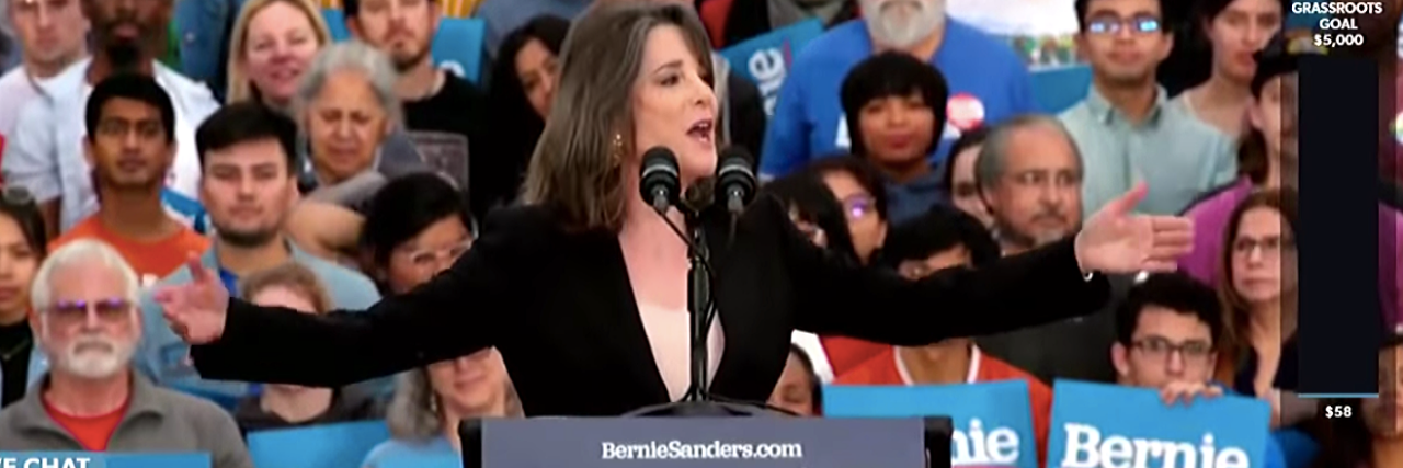 Bernie Sanders Has Good Disability Plan, Despite Marianne Williamson Marianne Williamson speaking at a rally to support Bernie Sanders.