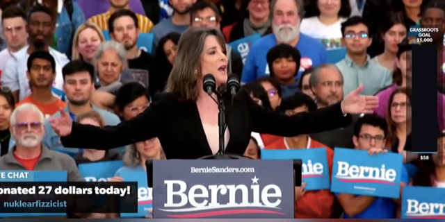 Marianne Williamson speaking at a rally to support Bernie Sanders.