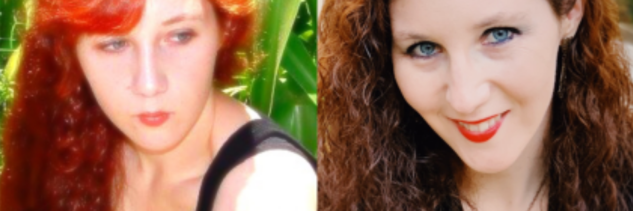 two photos of a young woman with red hair, looking younger on the left and older on the right.