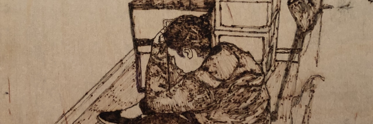 Recovering From Paralysis After Spinal Surgery Will Someone Listen to Me? Art burned into wood of a woman sitting sadly next to her bed.