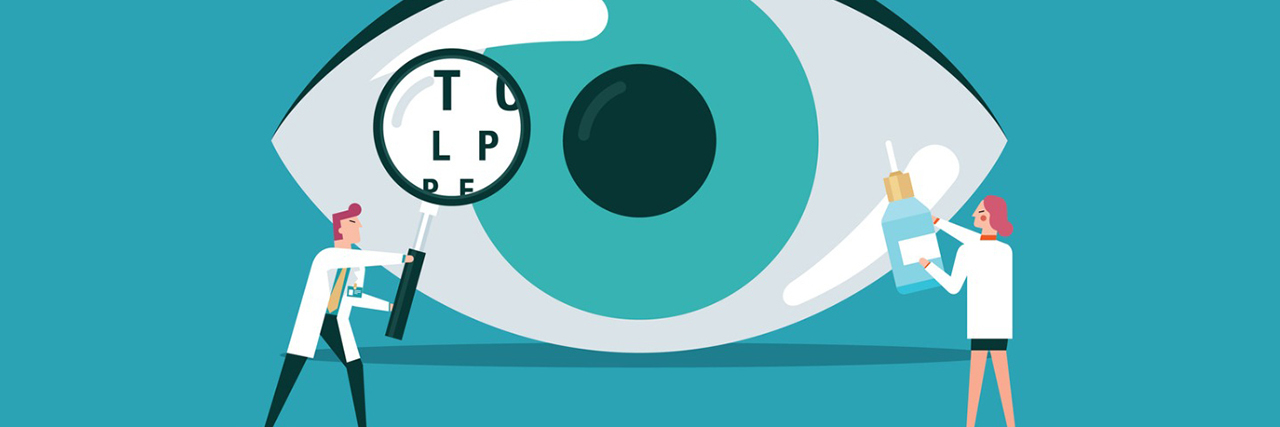 Tips for Living With Low Vision or Degenerative Eye Conditions illustration showing people in white coats examining large stylized eye with magnifying glasses