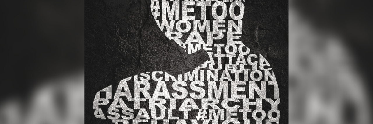 Woman silhouette designed as words collage (Me too hashtag, sexual assault)