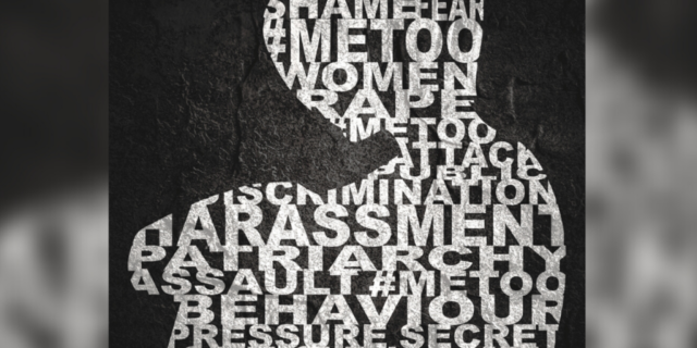 Woman silhouette designed as words collage (Me too hashtag, sexual assault)