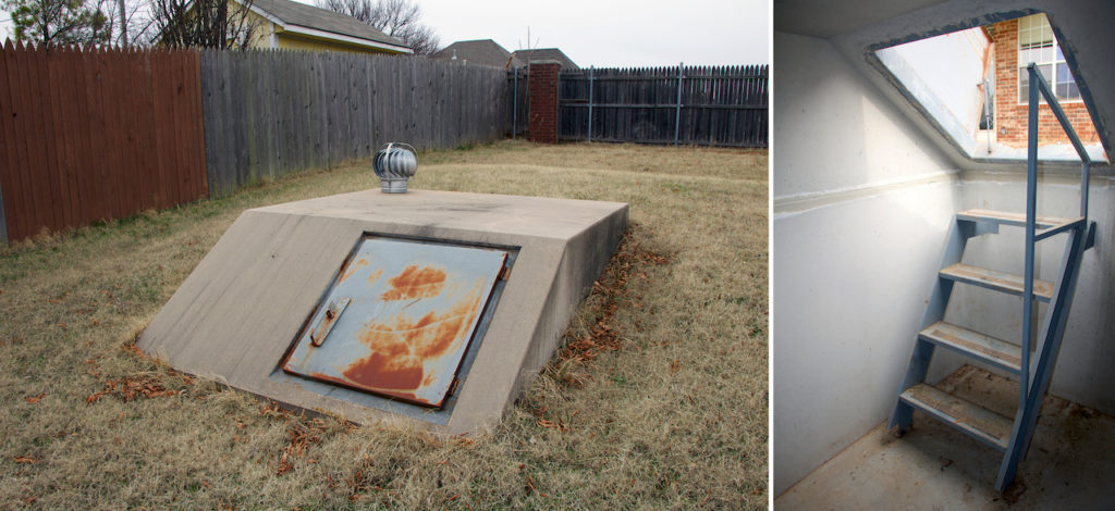 The most common tornado shelters have steep stairs, making them inaccessible to people with ambulatory disabilities. The base model, found in some backyards in Oklahoma, is an underground concrete box, like this one. (Jackie Fortier /StateImpact Oklahoma)
