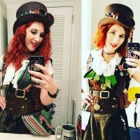 Amelia in steampunk cosplay attire.