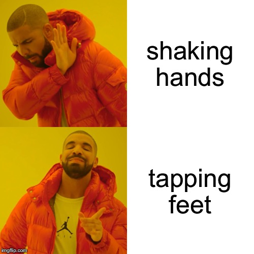 Drake shunning the text "shaking hands," but looks happy when he sees "tapping feet."