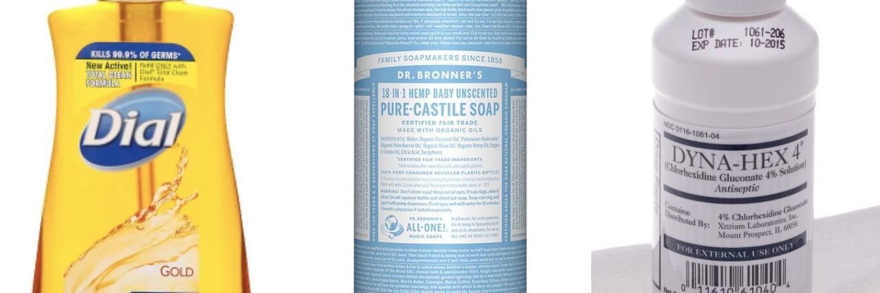 8 Soaps You Can Use to Help Prevent the Spread of Illness Three bottles of liquid soap, from left to right: Pump bottle of Dial Gold, bottle of Dr. Bonner's Castile oil, bottle of Dyna-Hex 4 Surgical Scrub