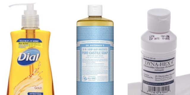 8 Soaps You Can Use to Help Prevent the Spread of Illness Three bottles of liquid soap, from left to right: Pump bottle of Dial Gold, bottle of Dr. Bonner's Castile oil, bottle of Dyna-Hex 4 Surgical Scrub