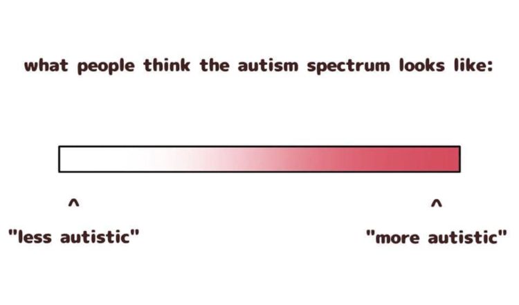 What people think the autism spectrum looks like (image of spectrum that goes from "more autistic" to "less autistic"