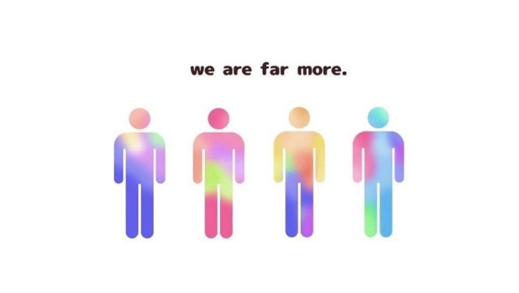 We are far more, with an image of several multicolored people, all with the same intensity of color but with variations of different colors, representing the variations of symptoms they individually have.