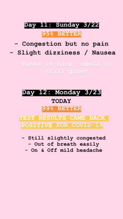 Day 11: I felt 85% better. I had congestion but no pain, slight dizziness and nausea. My taste came back, but my smell was still gone. 