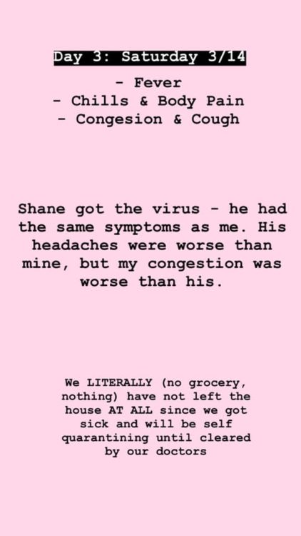 My symptoms included fever, chills / body pain, and congestion / dry cough. My boyfriend, who I live with, got the virus today. We had the exact same symptoms – however his headaches were worse than mine, but my congestion was worse than his. It took me 3 days longer to recover than him.
