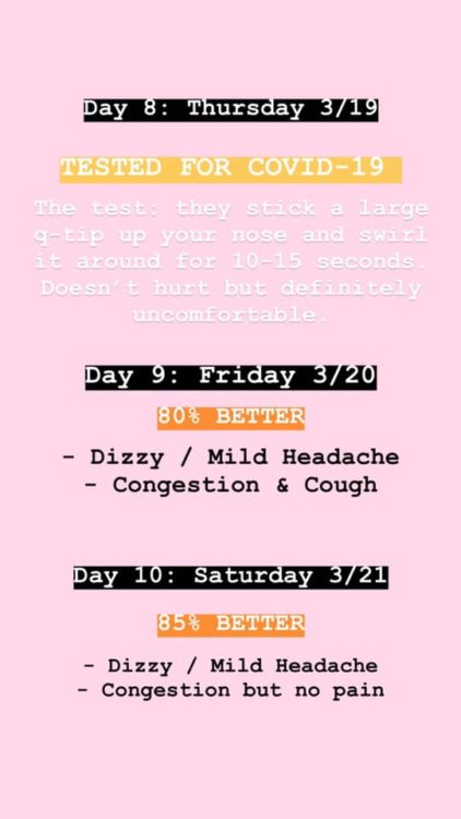 Day 9: I felt 75% better. I was very dizzy, had a mild headache, and had waves of nausea. I had painful congestion. Day 10: I felt 80% better. I was dizzy, had a mild headache, and had waves of nausea. I was still congested, but the pain was gone.  Day 11: I felt 85% better. I had congestion but no pain, slight dizziness and nausea. My taste came back, but my smell was still gone. 