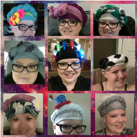 Casey's collection of wild head wraps for cancer treatment. Photo credit: Casey Shank.