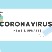 Illustration of soap and a face mask. Text reads: coronavirus news and updates.