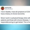 Tweet from @into_the_brush that reads: I live in Seattle, I have all symptoms of COVID-19 and have a history of chronic bronchitis. Since I work in a physical therapy clinic with many 65+ patients and those with chronic illnesses, I decided to be responsible and go to get tested. This is how that went.