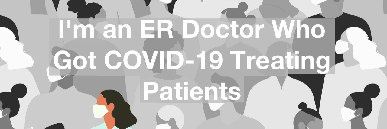 NY ER Doctor Gets COVID-19 After Treating Patients Black and white illustration of people wearing face masks. Only one person is in color.