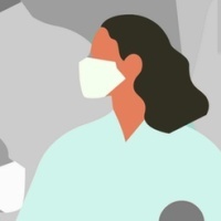 Black and white illustration of people wearing face masks. Only one person is in color.