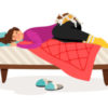Illustration of a woman in bed with her cat