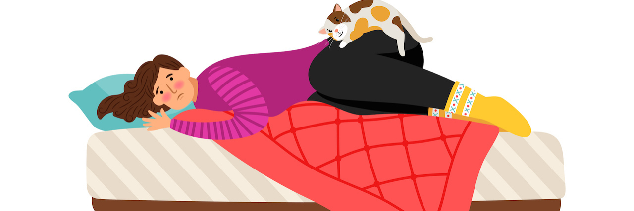 What 'Tired' Feels Like With Chronic Fatigue Illustration of a woman in bed with her cat