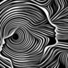 Abstract drawing of human faces made up of lines and swirls